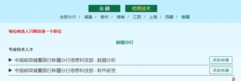 2017年中國郵政儲蓄銀行新疆分行信息技術部招聘公告